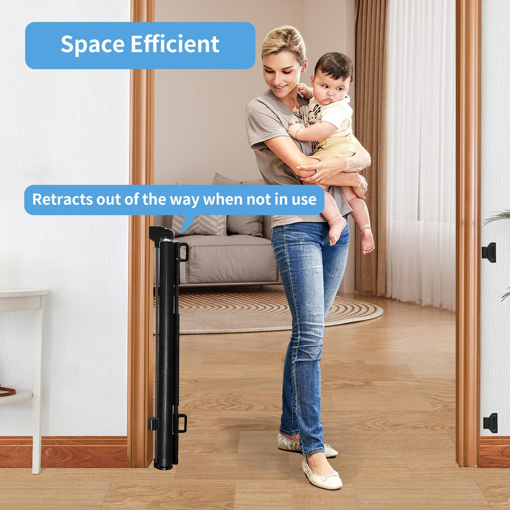 Retractable Mesh Baby & Dog Gate for Stairs, 86cm Tall x 140cm Wide, Black