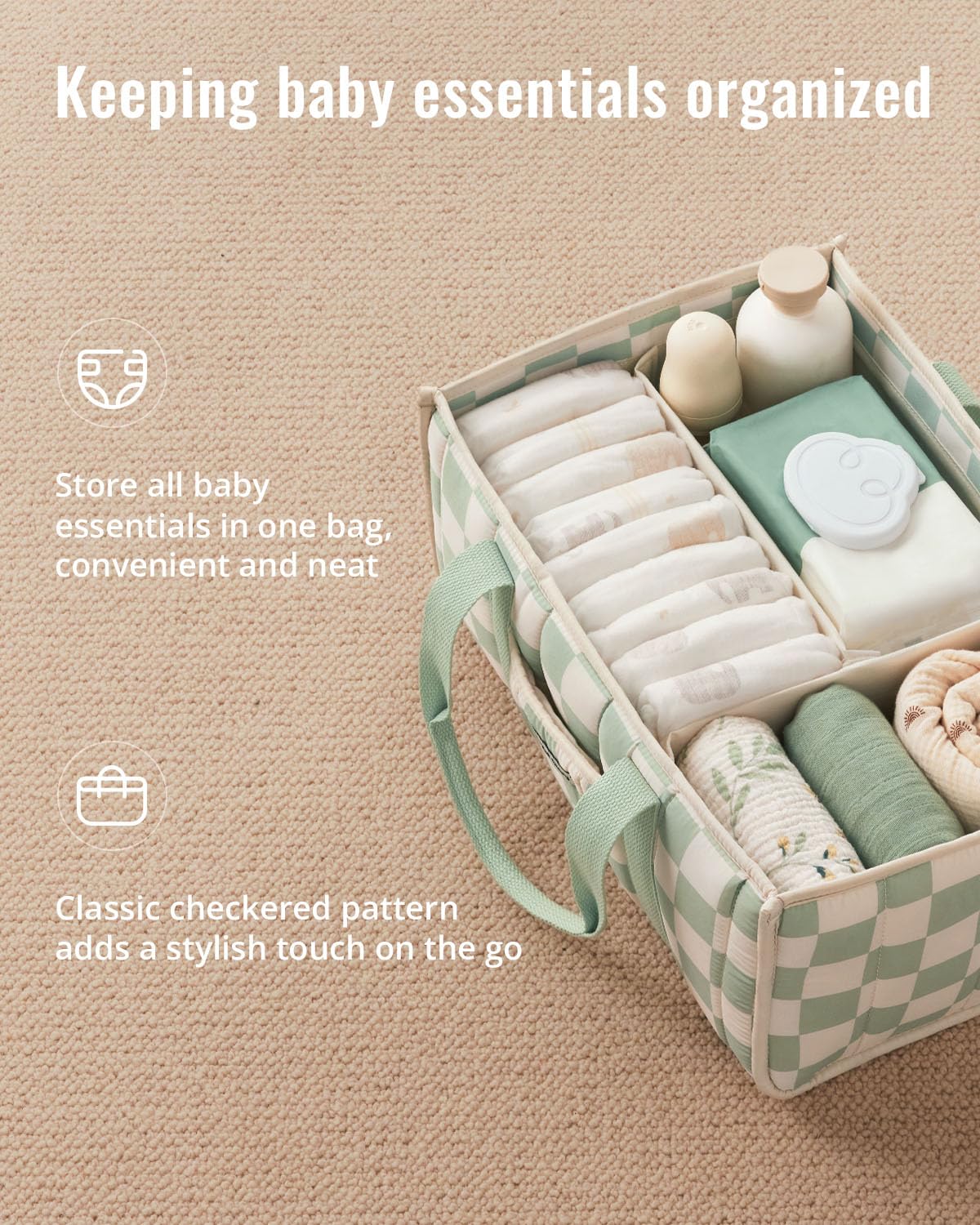 Blissful Diary Nappy Caddy Organiser, Baby Diaper Caddy for Nappy Station, Stylish Storage Basket for Newborn Essentials, Baby Shower Gifts for Girl or Boy, Sage Green