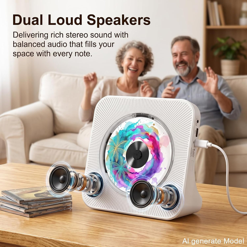 Portable CD Player with Bluetooth, Gueray Desktop CD Players for Home, Bulit-in Double HiFi Speakers, AUX&Headphone Jack, FM Radio Boombox with Remote Control, USB Port,LCD Display (White)