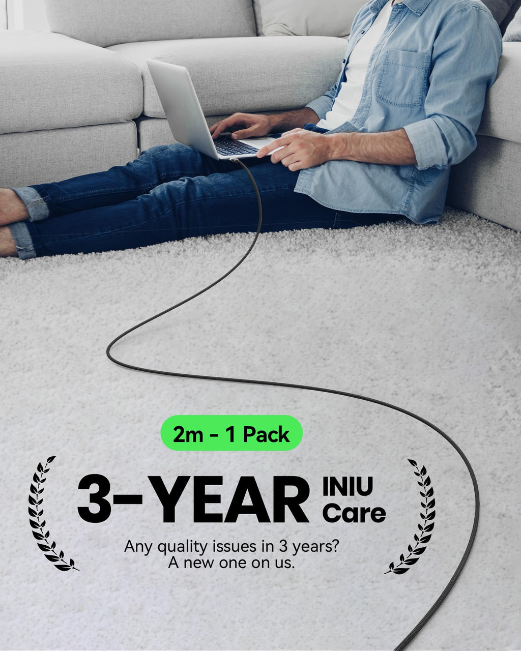INIU USB C Cable, 2m White 100W Fast Charging Type C Cable