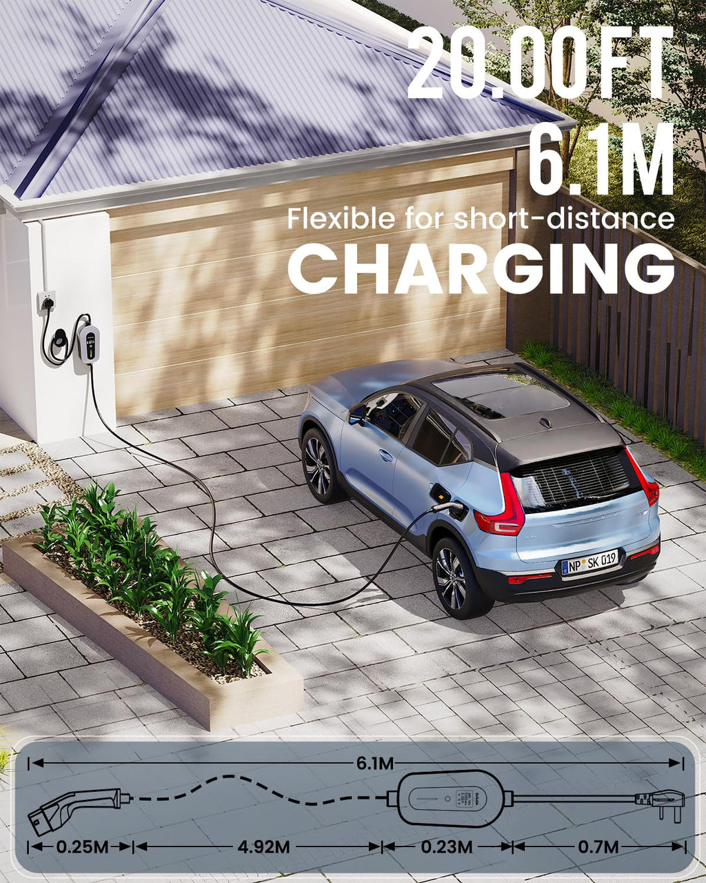 EzGoGo EV Charger 3 Pin Plug 32.81Ft/10M 3kW 6-13A Type 2 Charging Cable