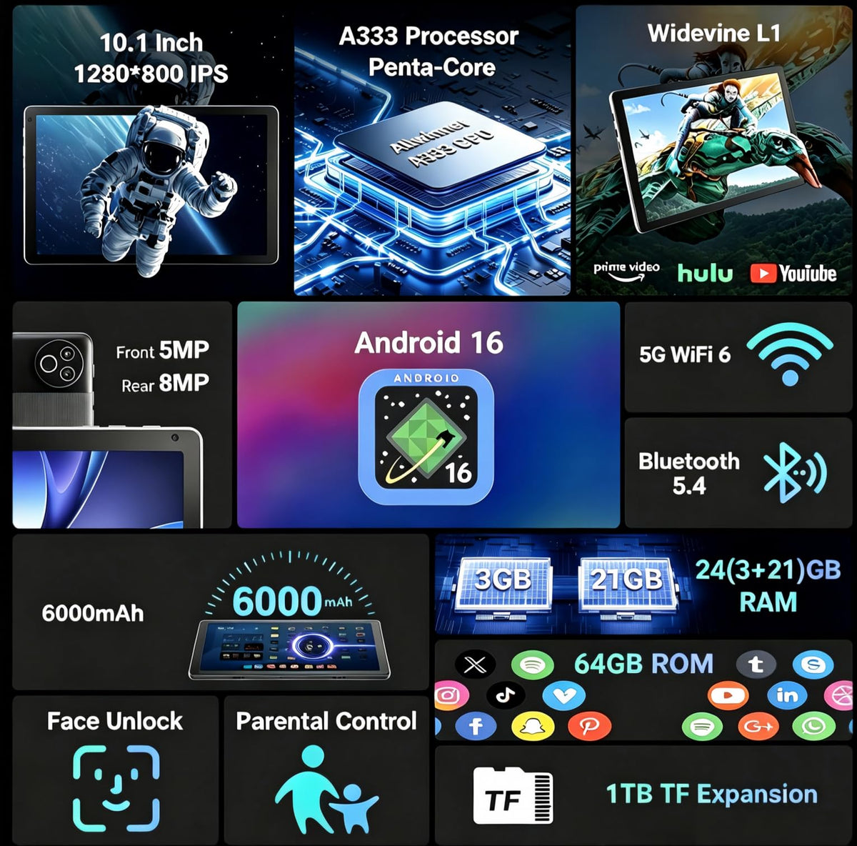 10 Inch Android 16 Tablet, 24GB RAM 64GB ROM(1TB TF Expandable), 1280×800 IPS Display, 6000mAh Battery, WiFi 6 BT5.4, Dual Cameras & Speakers, Tablet for Gaming Learning Working, Black
