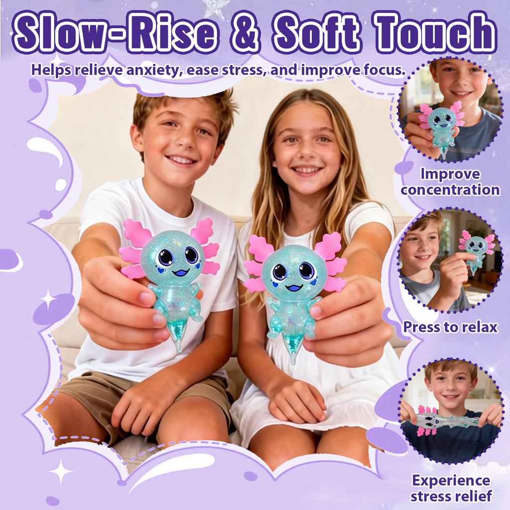 Axolotl Squishy Stress Relief Toy Glitter Fidget Toys Cute Malt Sugar Axolotl Toy Fidget Toys for Kids Youth Adult, Party Favors Anxiety Relief Squishy Toys(Blue)