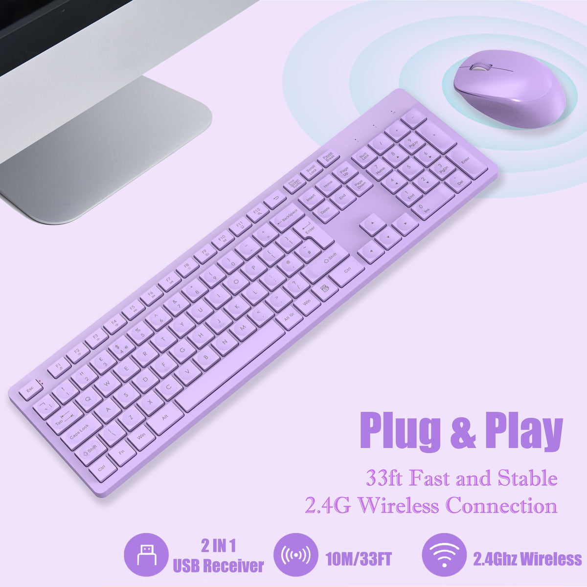 LeadsaiL Wireless Keyboard and Mouse Set, 2.4GHz USB Computer Keyboards and Mouse Combo, Ergonomic Design with 12 Multimedia Shortcuts for HP/Lenovo Laptop and Mac-Pink