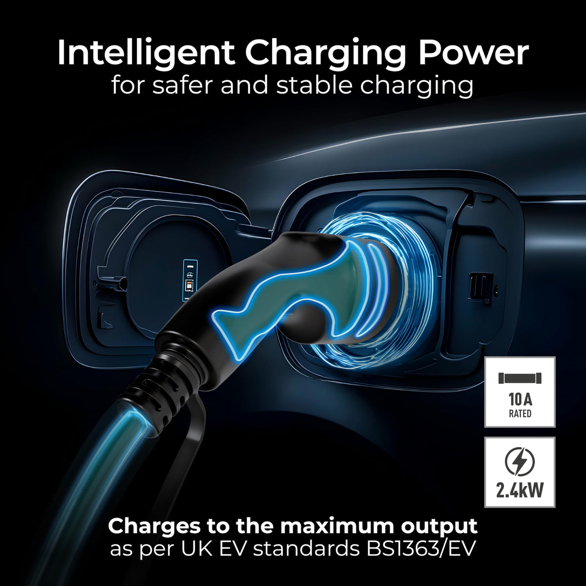 Masterplug EV Charging Cable for Electric and Hybrid Vehicles, 10 Metres, Mode 2, Delay Charging Function, 3 Pin UK Plug to Type 2 Car Charger, Language Options, 2.4kW, EVCM221010-MP2