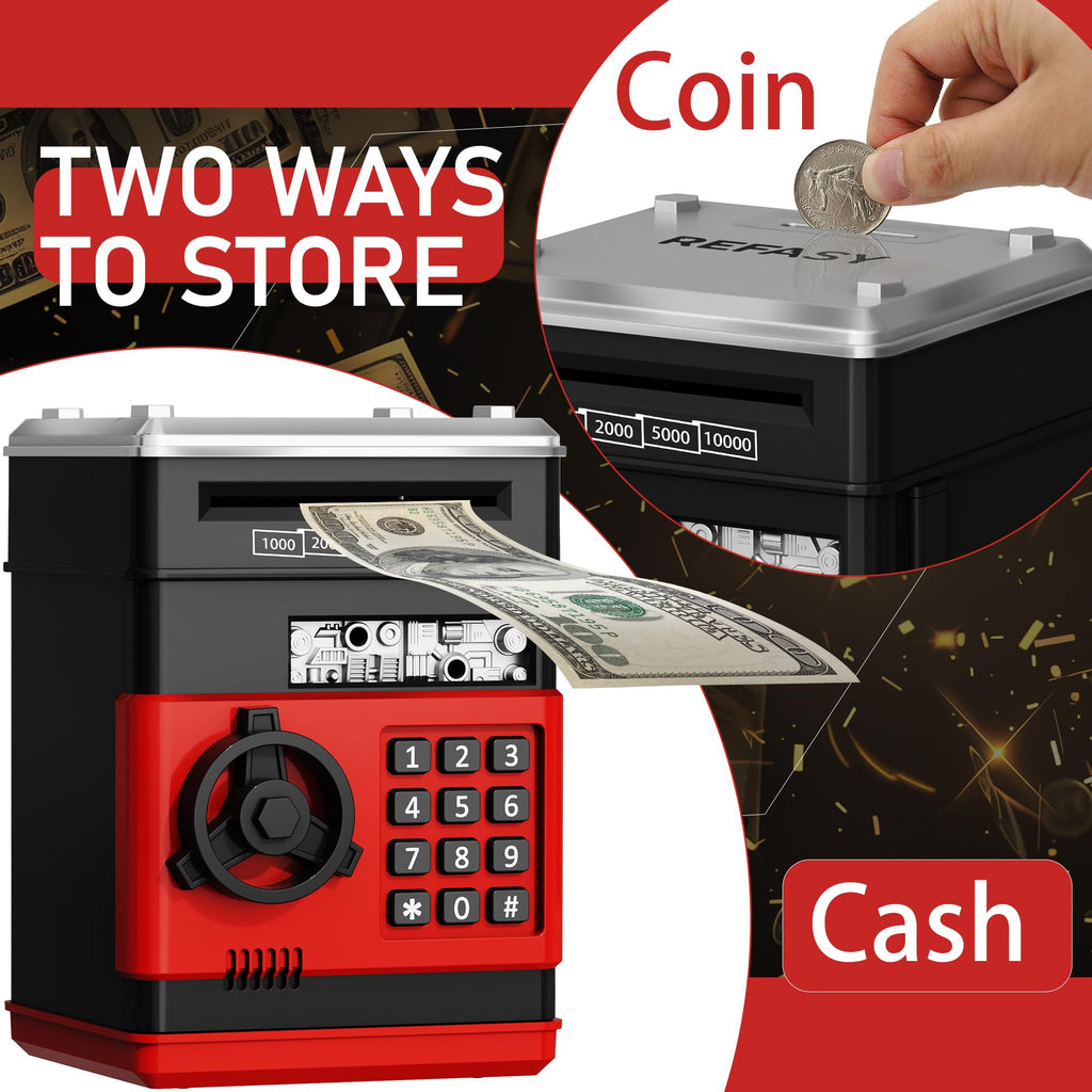 Refasy Piggy Bank Cash Coin Can ATM Bank Electronic Coin Money Bank for Kids Age 3-12, Money Savings Box Mini ATM Coin Bank Toys Gifts for 3 4 5 6 7 8 9 10 11 12 Year Old Boys Girls