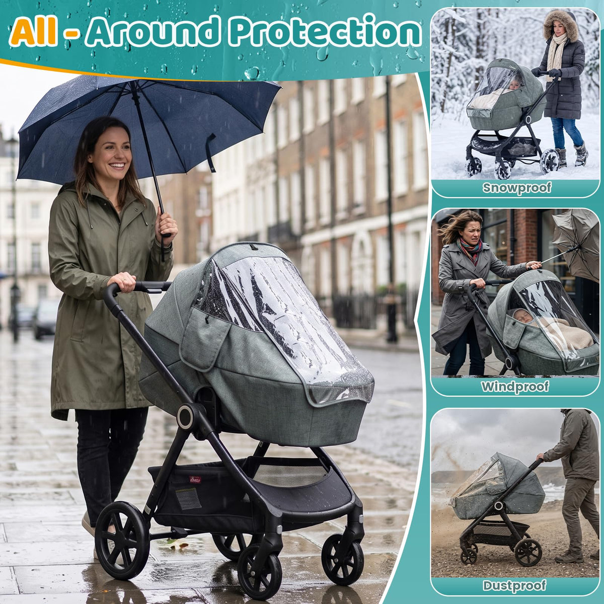 Orzbow Rain Cover for Pram, Large Viewing Window for Easy Access, Clear