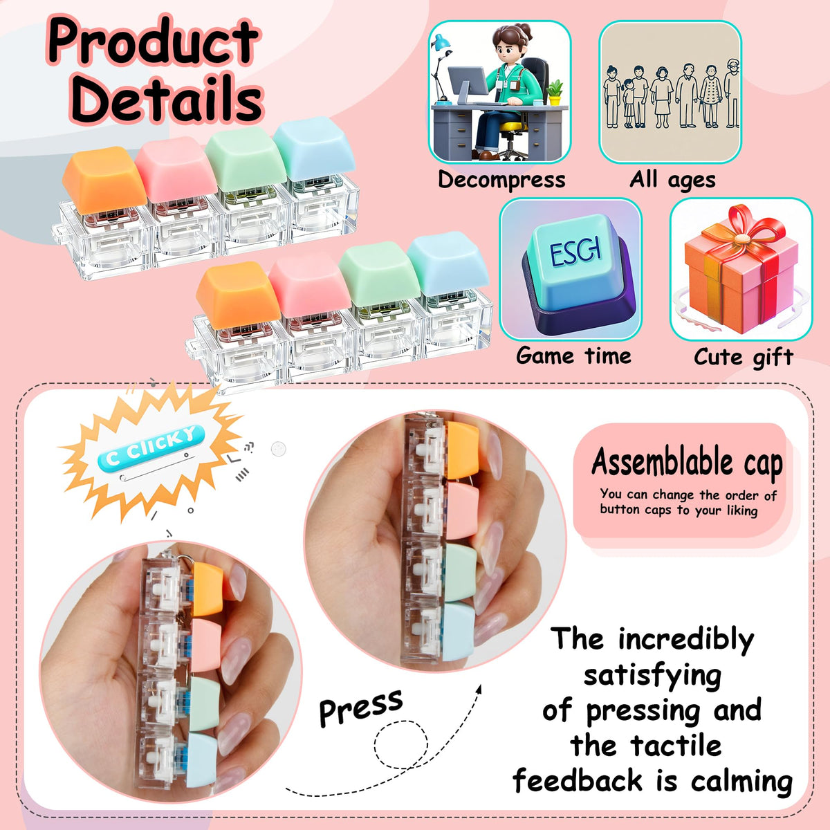 2 PCS Keyboard Fidget Toy, Keyboard Fidget Keychain 4-in-1 Keyboard Decompression Button Finger Clicker Toys (Pink Yellow White Green, General)