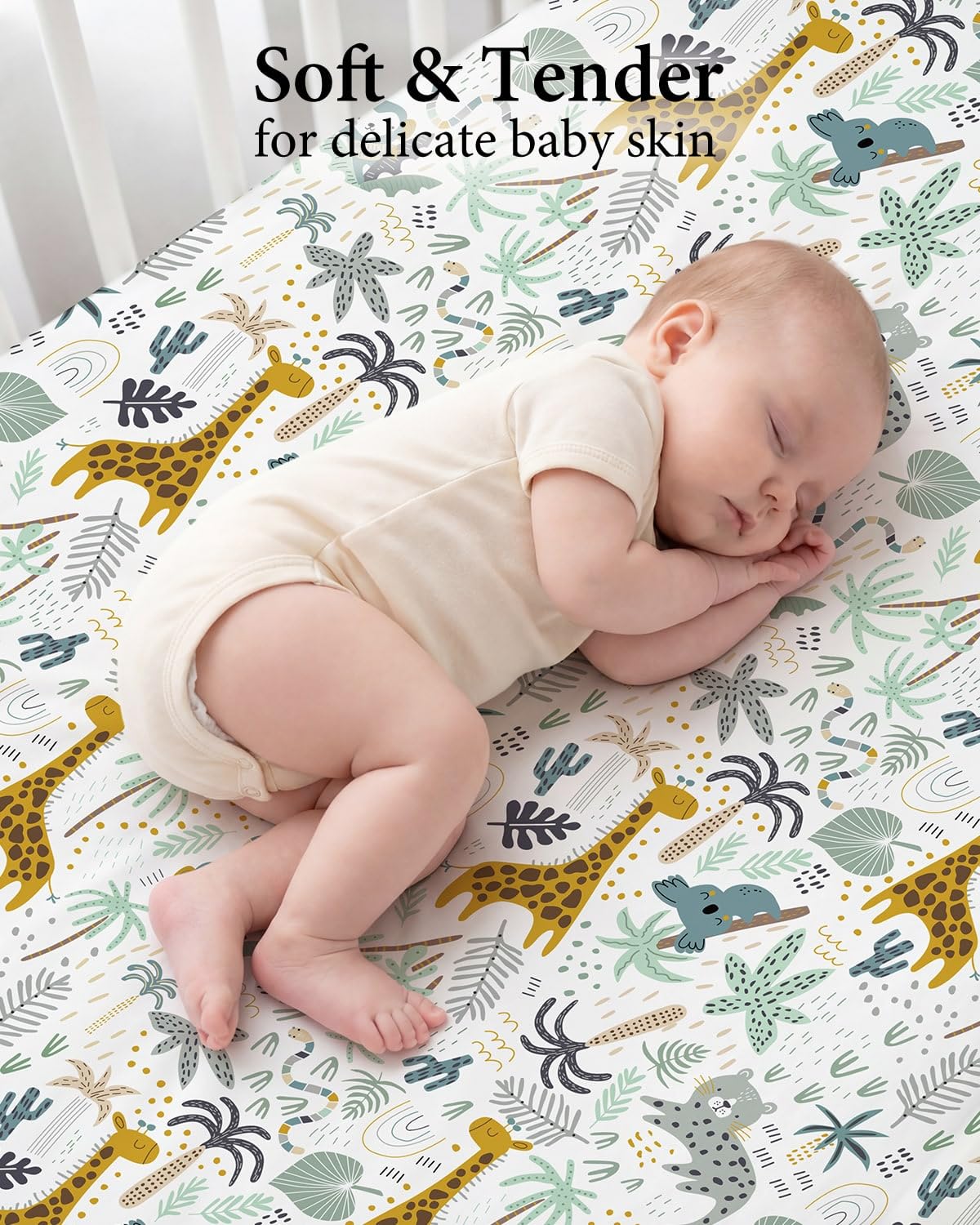 Yoofoss Travel Cot Fitted Sheets 65 x 95 cm, Compatible with Graco, Red Kite, Joie, Deryan Cots, Cozy Breathable Stretchy Microfiber Mattress Sheet, 2 Pack, Green Giraffes