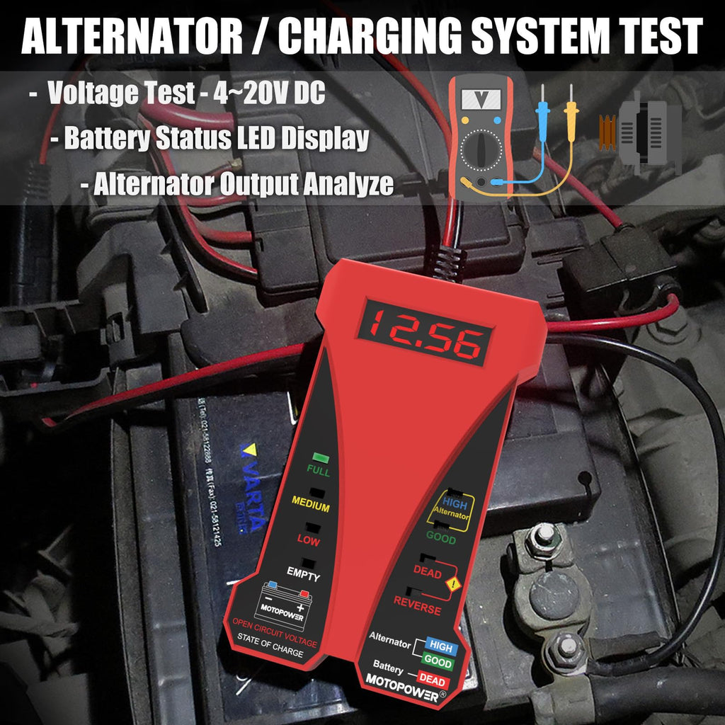 MOTOPOWER MP0514D 12V Digital Battery Tester Voltmeter and Alternator Charging System Analyzer with LCD Display and LED Indication, Orange Rubber Paint