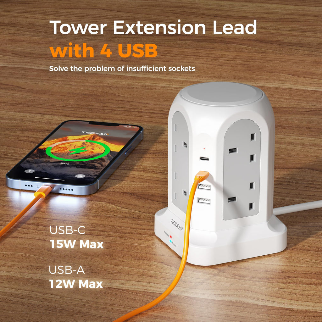 TESSAN 8 Way Black Tower Extension Lead 2M with 4 USB Slots (2 USB C)