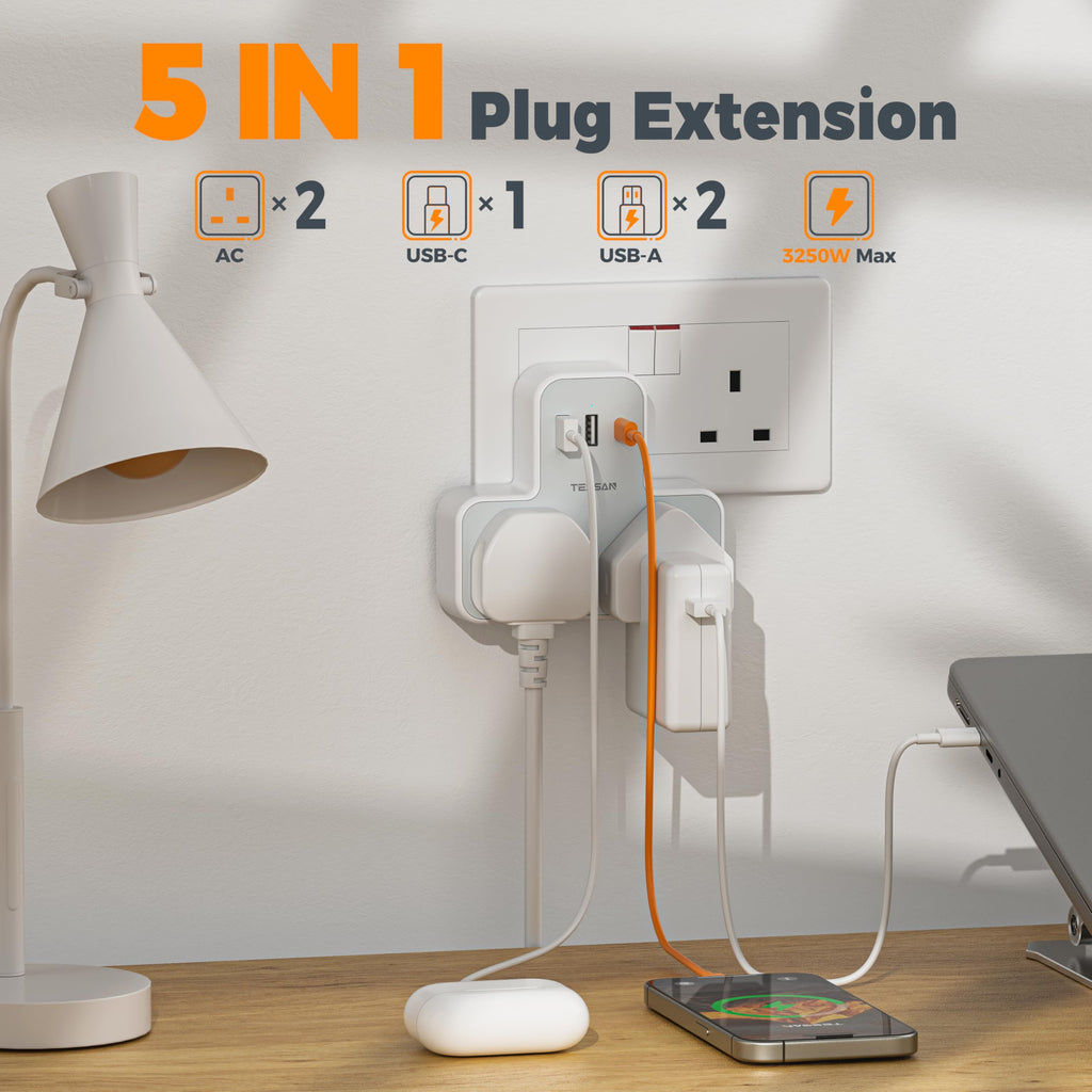 TESSAN USB Charger Plug Adapter UK (2 USB C), Double Plug Extension Socket