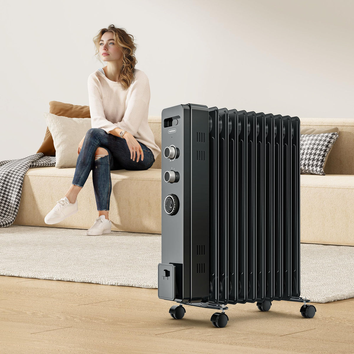 VonHaus Oil Filled Radiator 11 Fins – 2500W, 3 Heat Settings, 24 Hour Timer