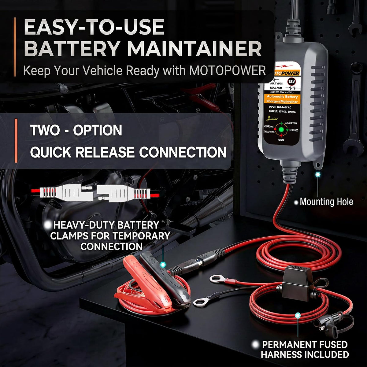 MOTOPOWER MP00205A 12V 800mA Fully Automatic Battery Charger/Maintainer - UK Plug