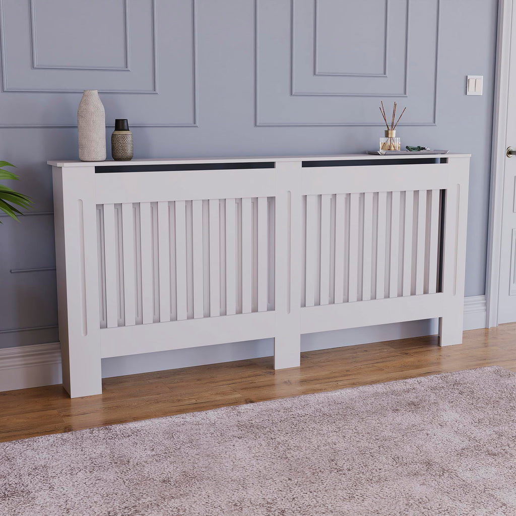 Vida Designs Chelsea Radiator Cover White - Medium - Modern Vertical Slat Design For Optimal Heat Circulation - H82xW111xD19cm - Painted MDF Cabinet Ideal For Living Room & Hallway