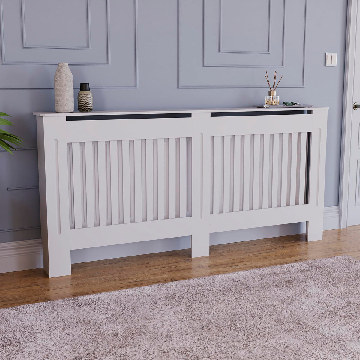 Vida Designs Chelsea Radiator Cover White - Medium - Modern Vertical Slat Design For Optimal Heat Circulation - H82xW111xD19cm - Painted MDF Cabinet Ideal For Living Room & Hallway