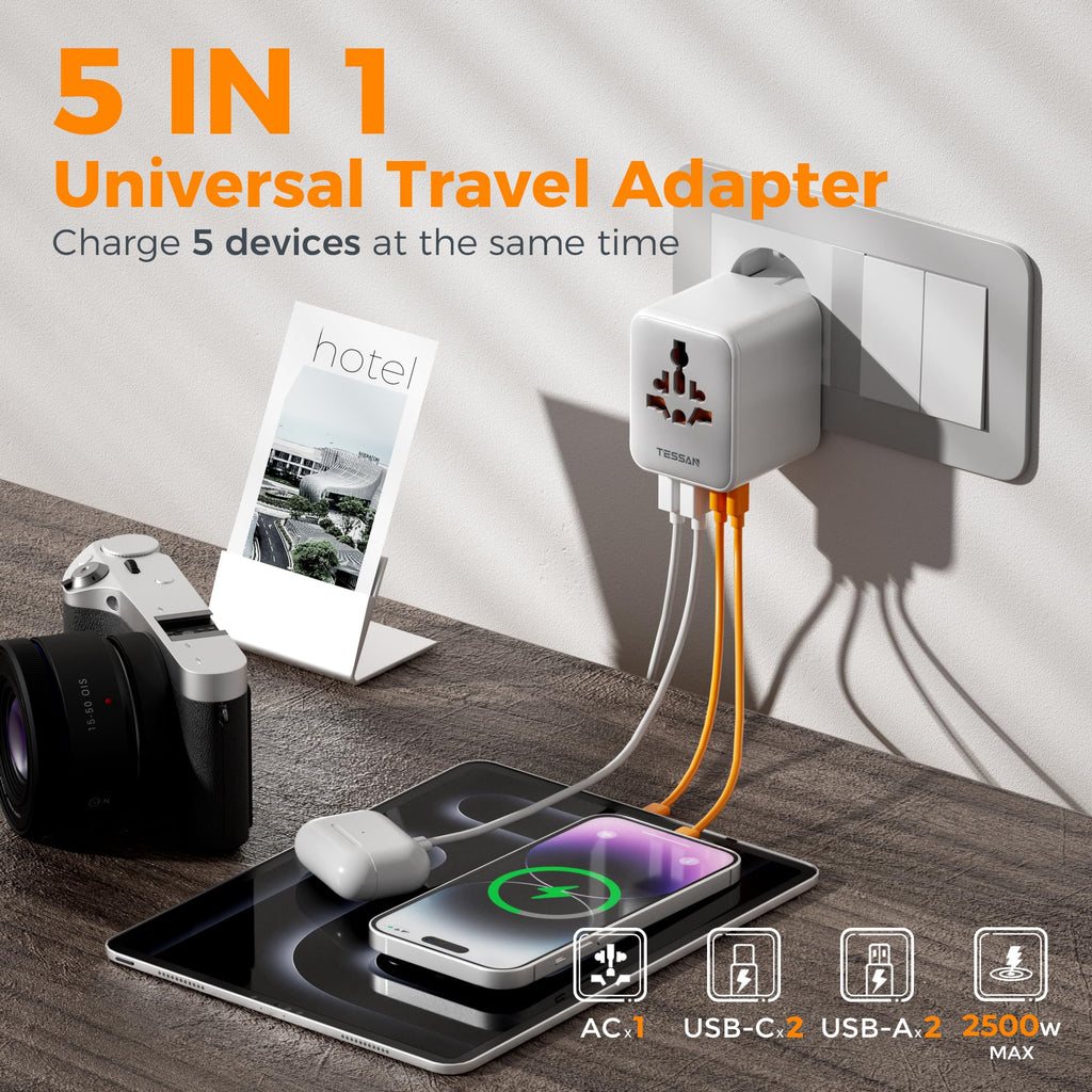 TESSAN Universal Travel Adapter, 28W Worldwide Plug with 2 USBA and 3 USBC