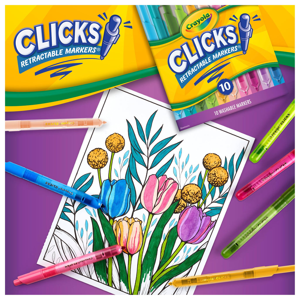 Crayola Clicks Retractable Tip Markers (10ct), Washable Cone Tip Art Marker Set, Cute Aesthetic School Supplies, Classroom Must Haves, Ages 8+
