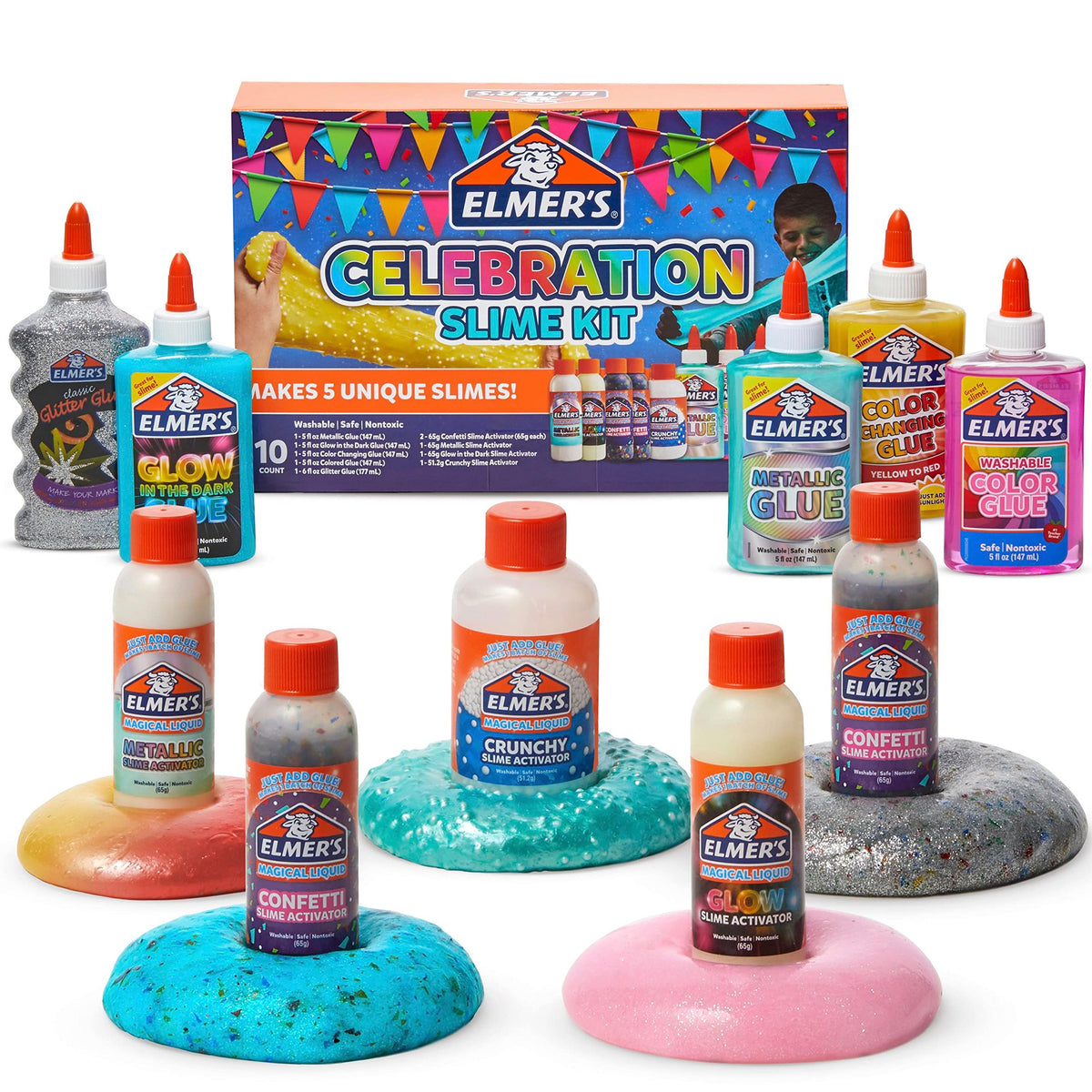 Elmer's Color Rush Slime Kit, Includes Liquid Glue, Activator, Makes Color Changing, Glow in The Dark, Butter Slime and More, 10 Piece Kit - Perfect for Birthday Parties, Gift Idea, Kids Activity