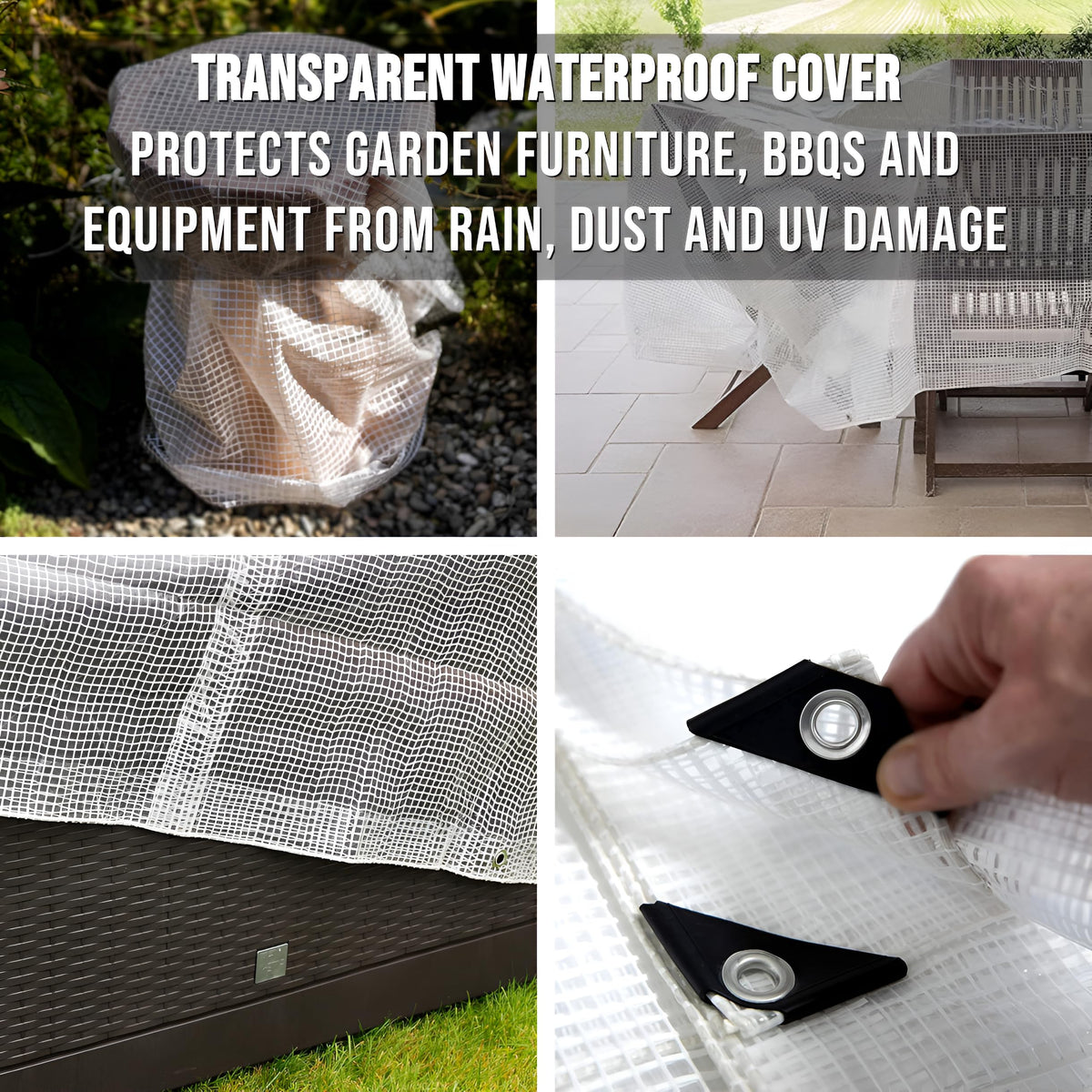 3m x 3m Clear Leno Tarpaulin - Heavy-Duty Waterproof 100 GSM Reinforced Transparent Tarp Sheet with Mesh Support, Rubber Strengthened Corners - UV‑Resistant Cover for Garden, Greenhouse, Groundsheet