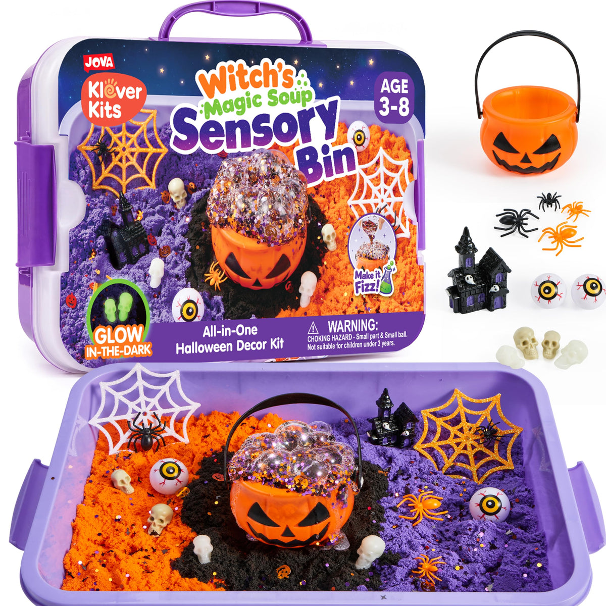 JOVA Klever Kits Construction Sensory Bin for Kids with Glow in The Dark Stones, Sandbox with Lid Castle Building kit, Preschool Learning Activities Gifts for Boys Girls Age 3+