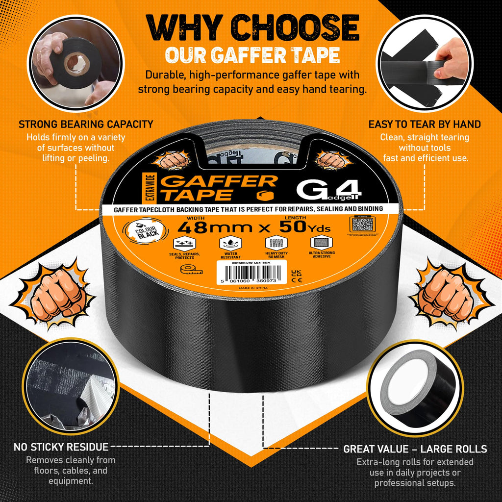 G4GADGET Gaffer Tape Black - 48mm x 45m (1 Roll) - Heavy Duty Duct Tape, Waterproof Adhesive Cloth Tape, Tear-Resistant and Multi-Purpose for Indoor Outdoor Use