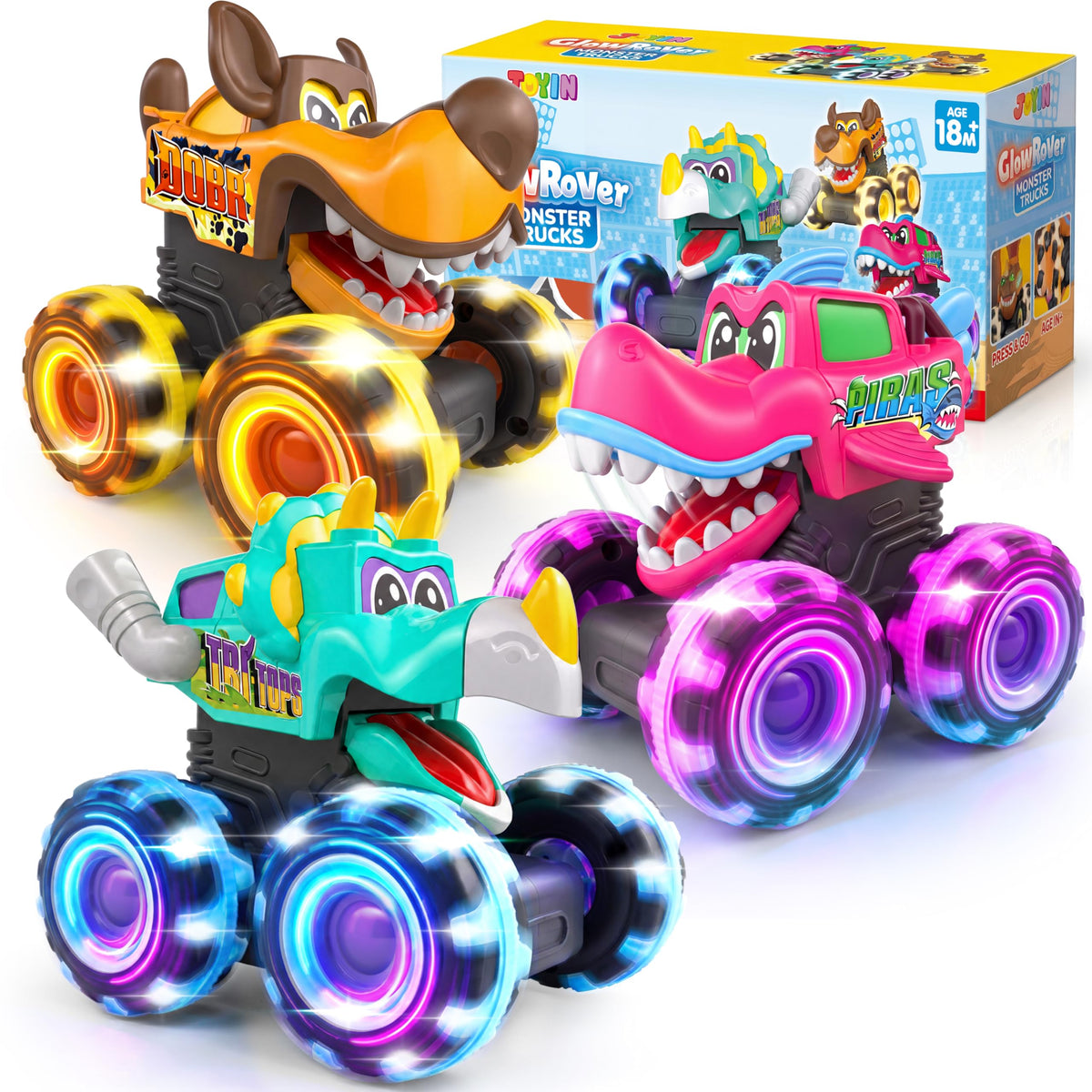JOYIN 3 Pack Monster Truck Toy, Light Up Cars Press and Go Dinosaur Trucks