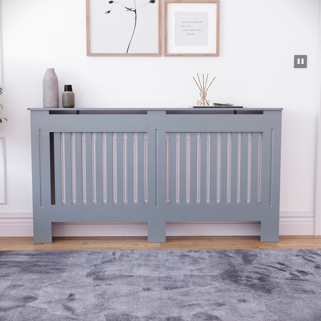 Vida Designs Chelsea Radiator Cover White - Medium - Modern Vertical Slat Design For Optimal Heat Circulation - H82xW111xD19cm - Painted MDF Cabinet Ideal For Living Room & Hallway