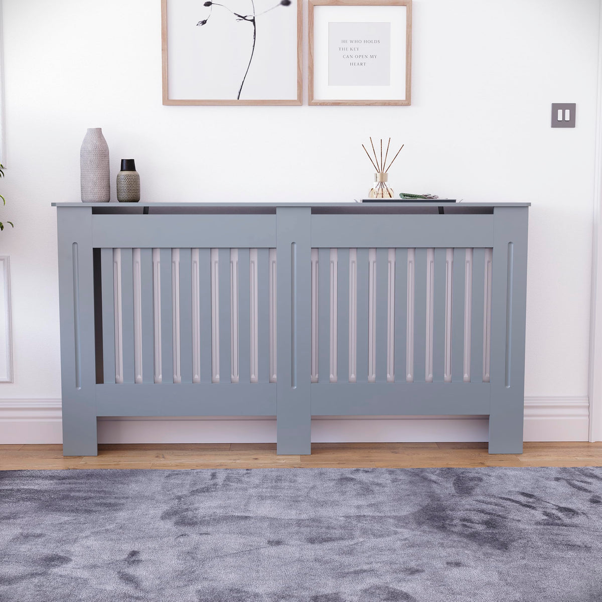 Vida Designs Chelsea Radiator Cover White - Medium - Modern Vertical Slat Design For Optimal Heat Circulation - H82xW111xD19cm - Painted MDF Cabinet Ideal For Living Room & Hallway