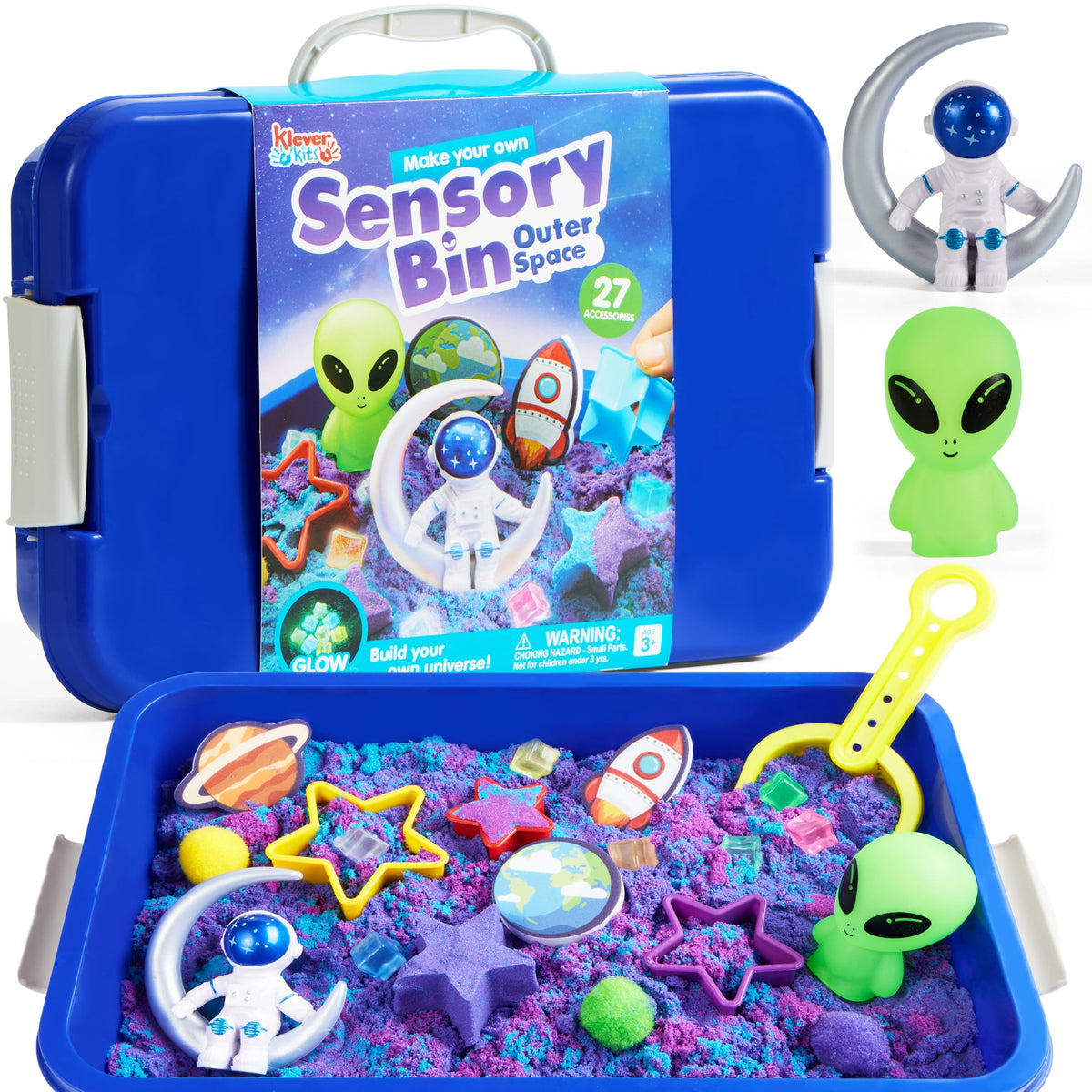 JOVA Klever Kits Construction Sensory Bin for Kids with Glow in The Dark Stones, Sandbox with Lid Castle Building kit, Preschool Learning Activities Gifts for Boys Girls Age 3+