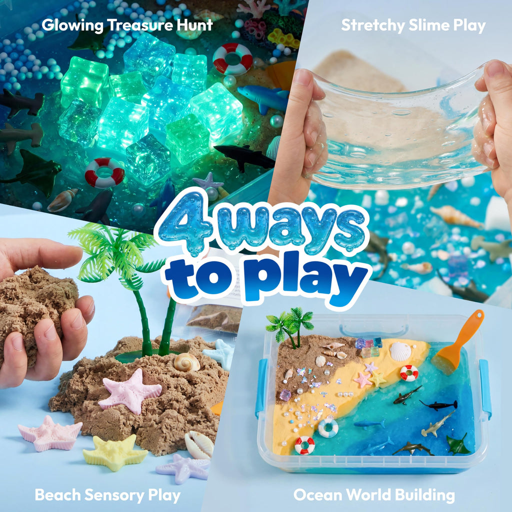 JOVA Klever Kits Construction Sensory Bin for Kids with Glow in The Dark Stones, Sandbox with Lid Castle Building kit, Preschool Learning Activities Gifts for Boys Girls Age 3+