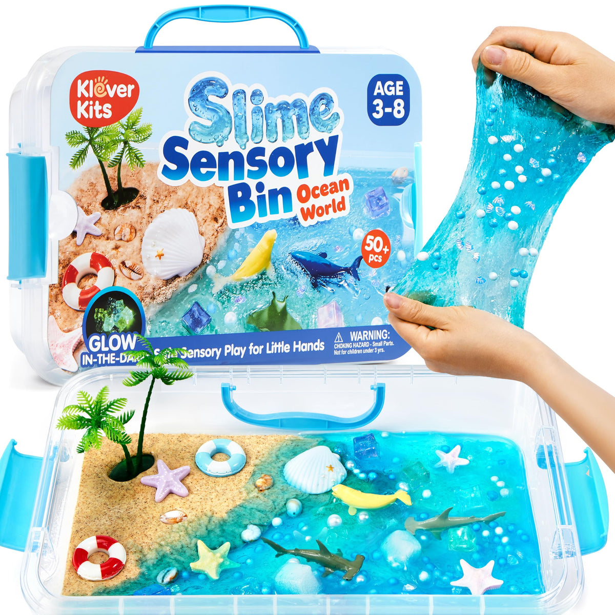 JOVA Klever Kits Construction Sensory Bin for Kids with Glow in The Dark Stones, Sandbox with Lid Castle Building kit, Preschool Learning Activities Gifts for Boys Girls Age 3+