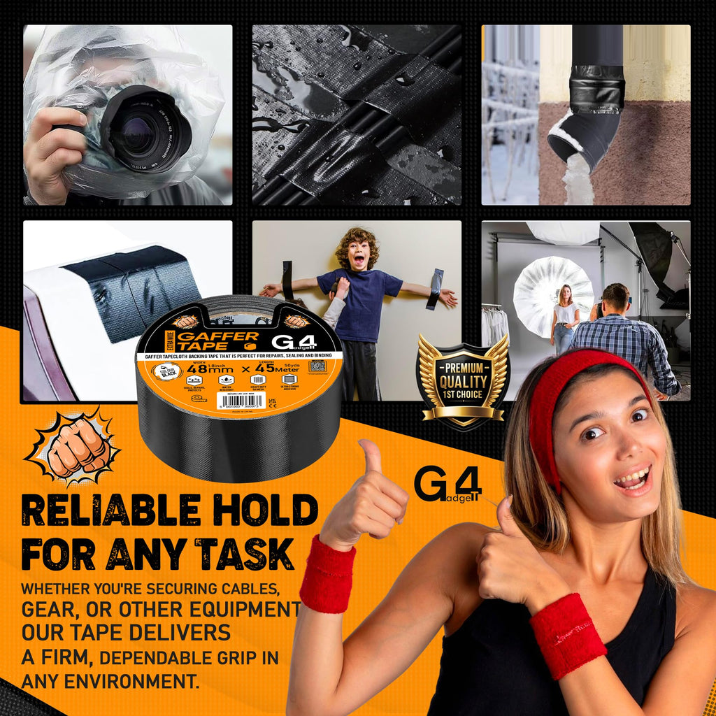 G4GADGET Gaffer Tape Black - 48mm x 45m (1 Roll) - Heavy Duty Duct Tape, Waterproof Adhesive Cloth Tape, Tear-Resistant and Multi-Purpose for Indoor Outdoor Use