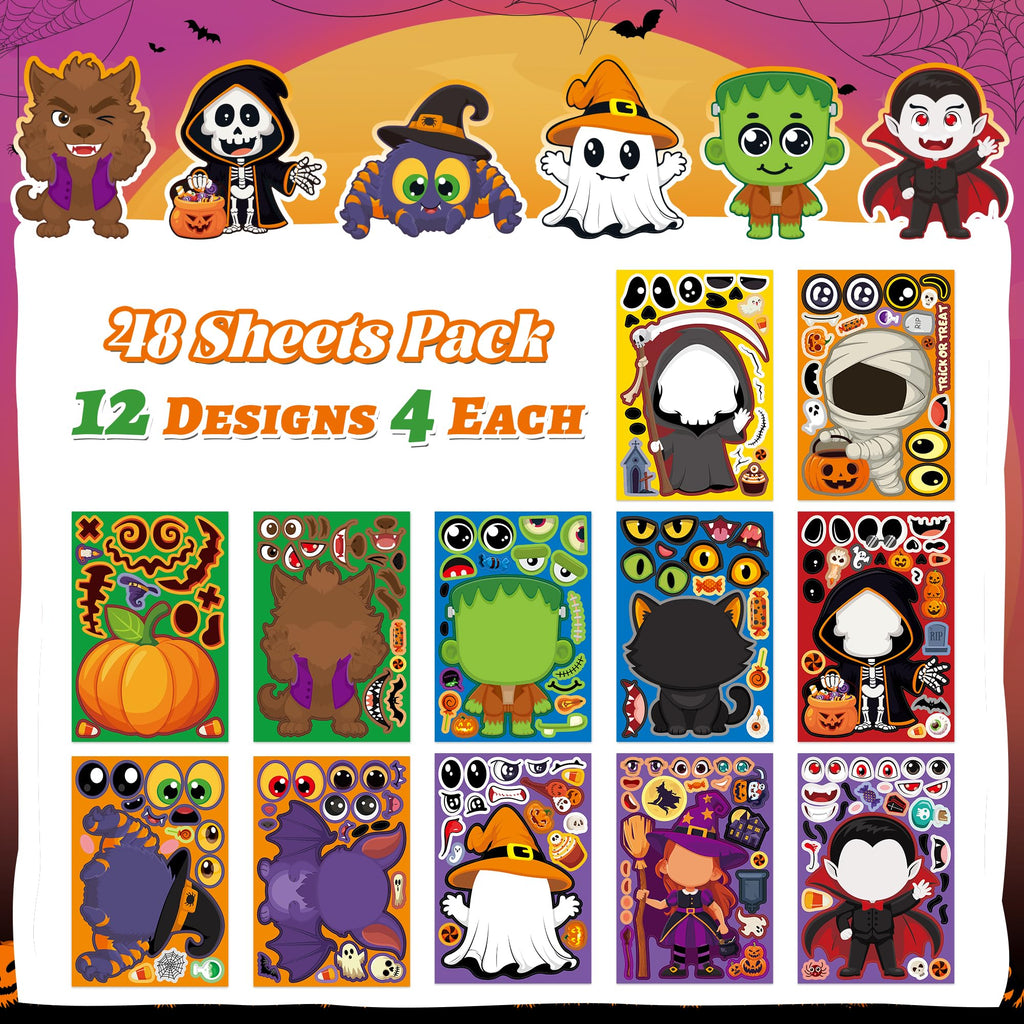 48 Sheets Pumpkin Face Stickers Kids Halloween Party Favors Crafts