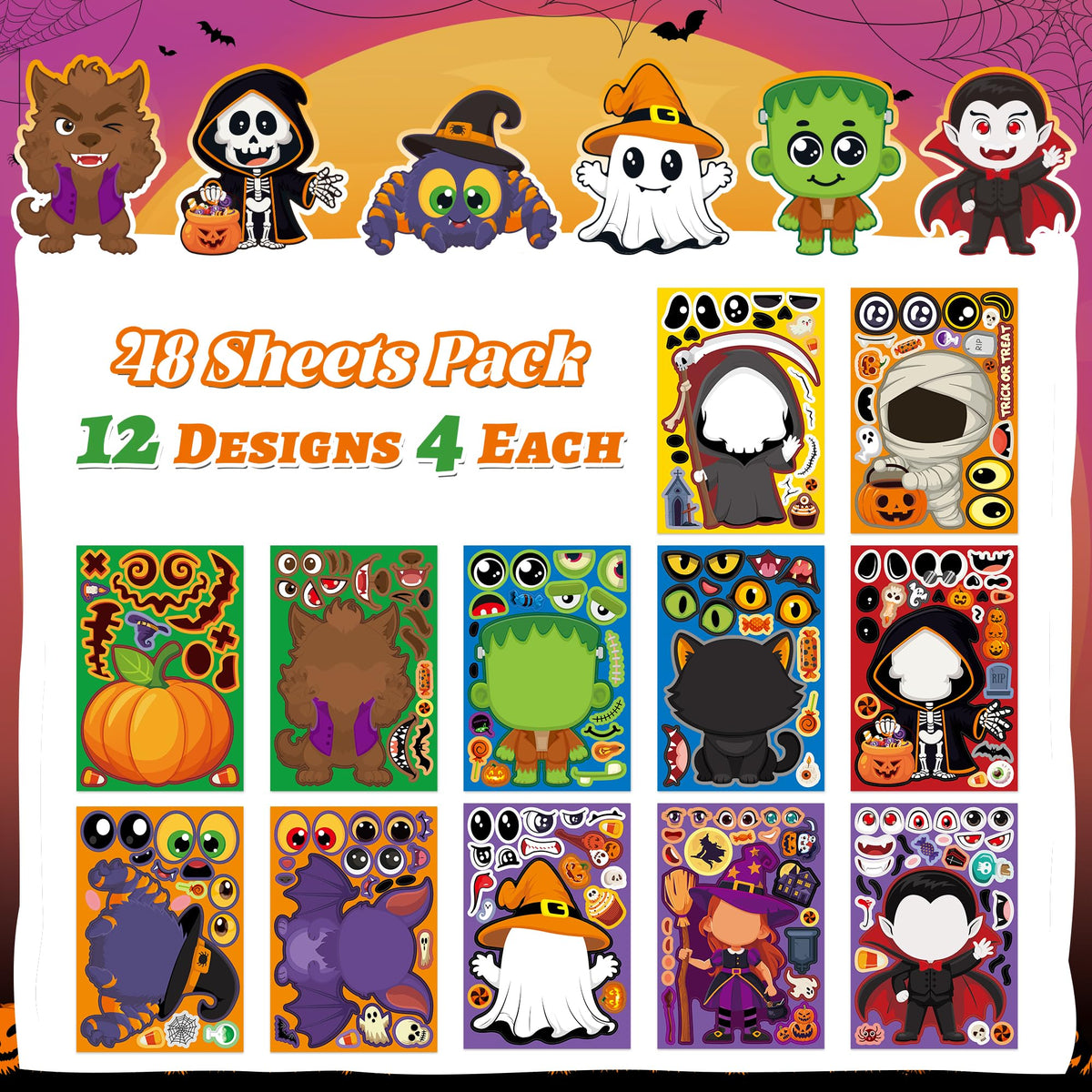 48 Sheets Pumpkin Face Stickers Kids Halloween Party Favors Crafts