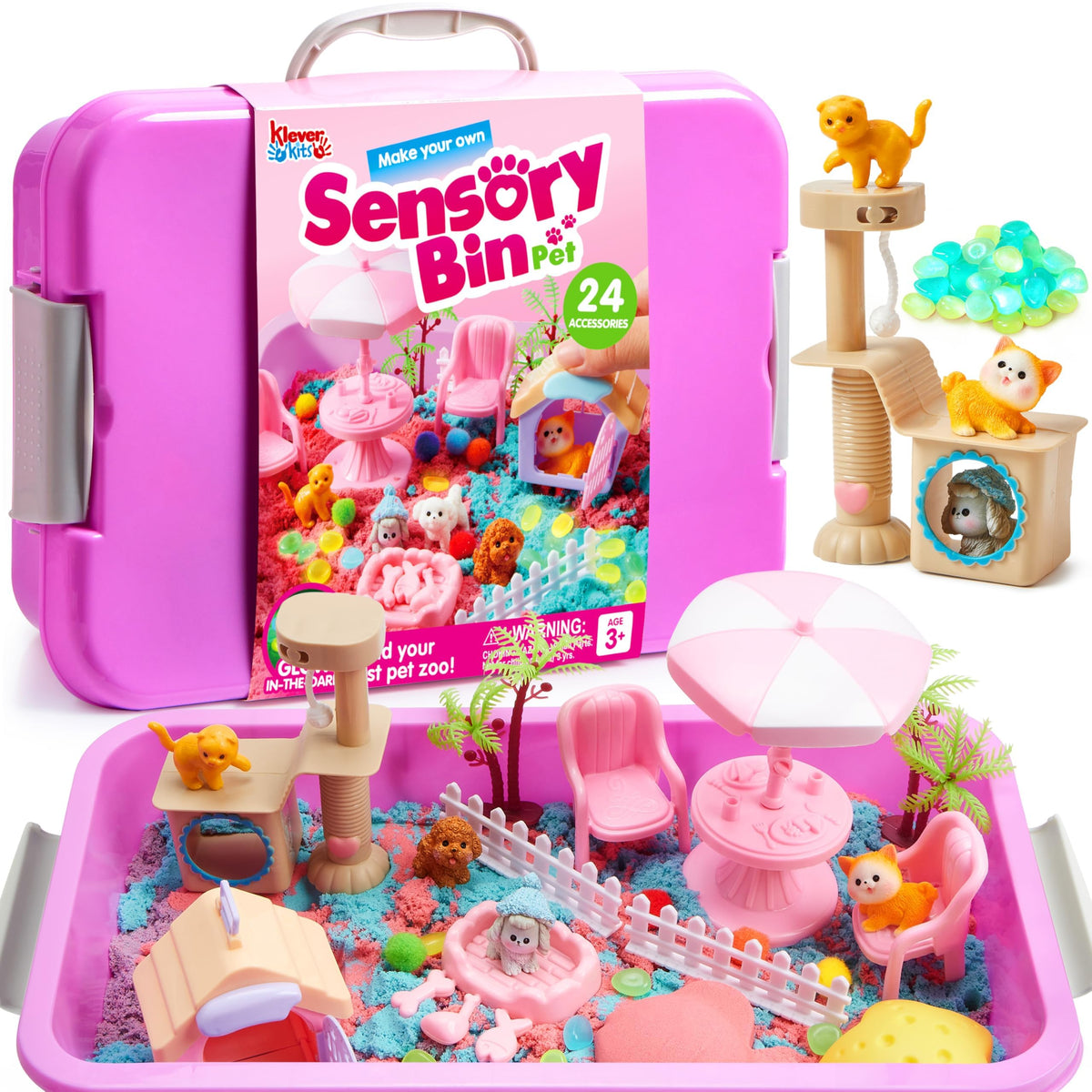 JOVA Klever Kits Construction Sensory Bin for Kids with Glow in The Dark Stones, Sandbox with Lid Castle Building kit, Preschool Learning Activities Gifts for Boys Girls Age 3+