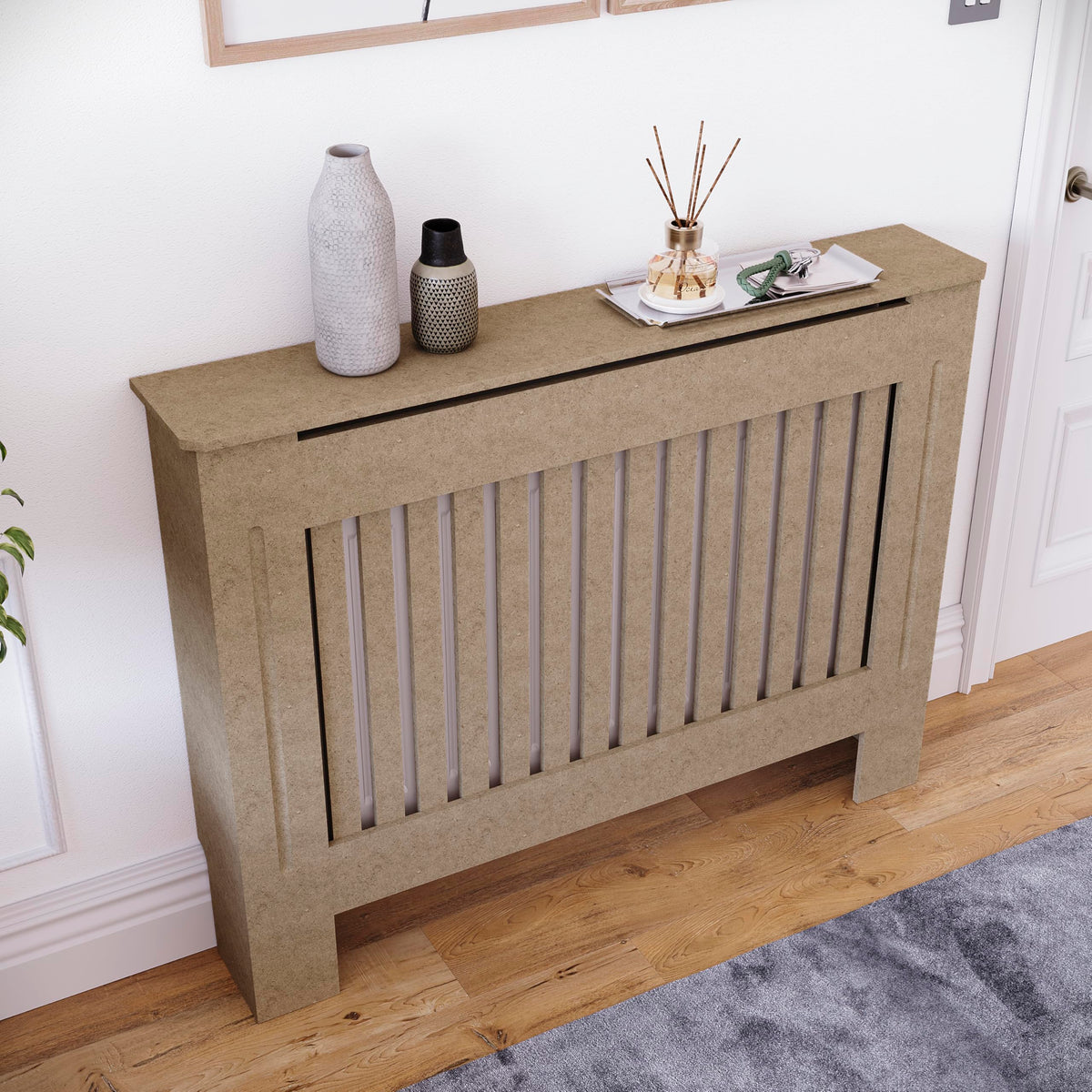 Vida Designs Chelsea Radiator Cover White - Medium - Modern Vertical Slat Design For Optimal Heat Circulation - H82xW111xD19cm - Painted MDF Cabinet Ideal For Living Room & Hallway