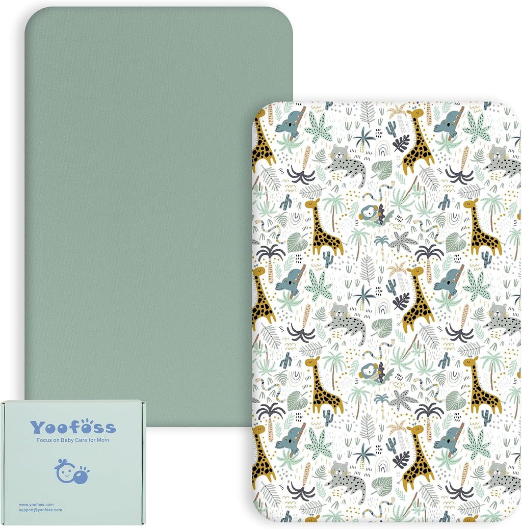 Yoofoss Travel Cot Fitted Sheets 65 x 95 cm, Compatible with Graco, Red Kite, Joie, Deryan Cots, Cozy Breathable Stretchy Microfiber Mattress Sheet, 2 Pack, Green Giraffes