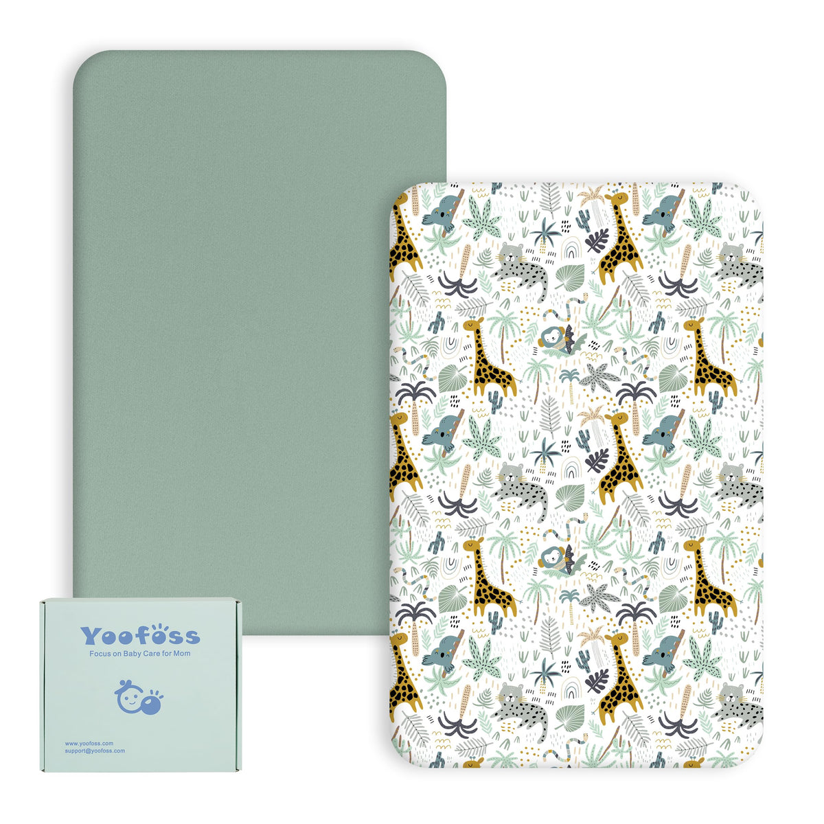 Yoofoss Travel Cot Fitted Sheets 65 x 95 cm, Compatible with Graco, Red Kite, Joie, Deryan Cots, Cozy Breathable Stretchy Microfiber Mattress Sheet, 2 Pack, Green Giraffes