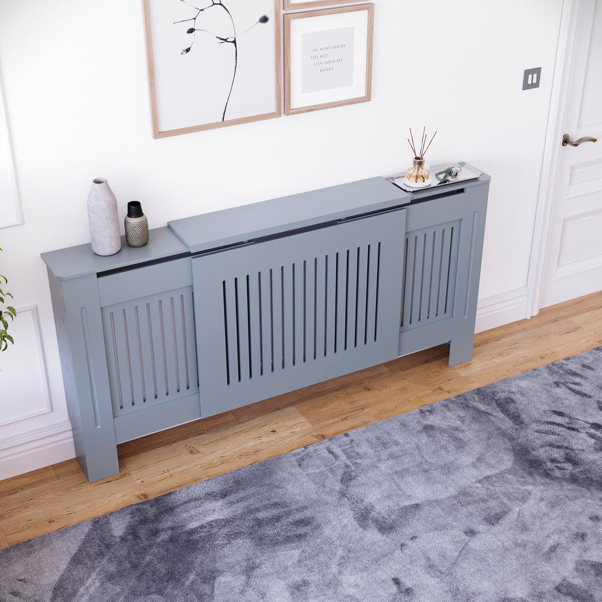 Vida Designs Chelsea Radiator Cover White - Medium - Modern Vertical Slat Design For Optimal Heat Circulation - H82xW111xD19cm - Painted MDF Cabinet Ideal For Living Room & Hallway