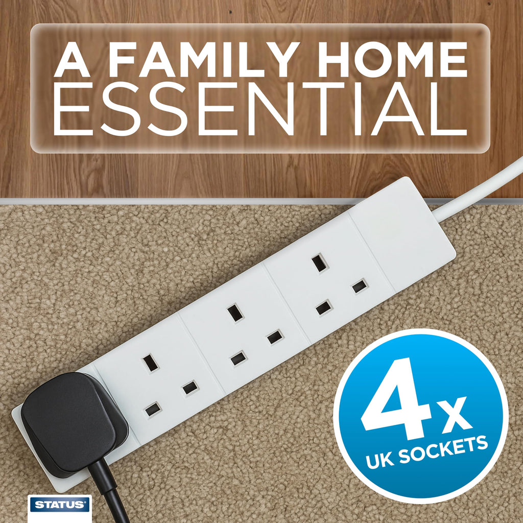 STATUS 4 Socket Extension Lead, 2m Black 13A Power Strip for Home or Office Use (S4W2MBL1PK4)