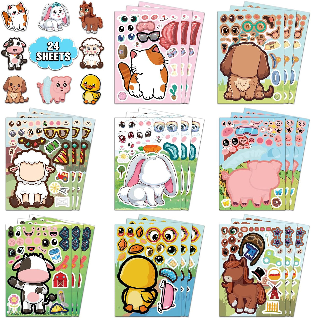 HSHFAMIIY 24 PCS Animal Face Stickers – DIY Decorative Animal Character Stickers for Crafts, Scrapbooking, Party Decorations, Gift Wrapping & Holiday Projects