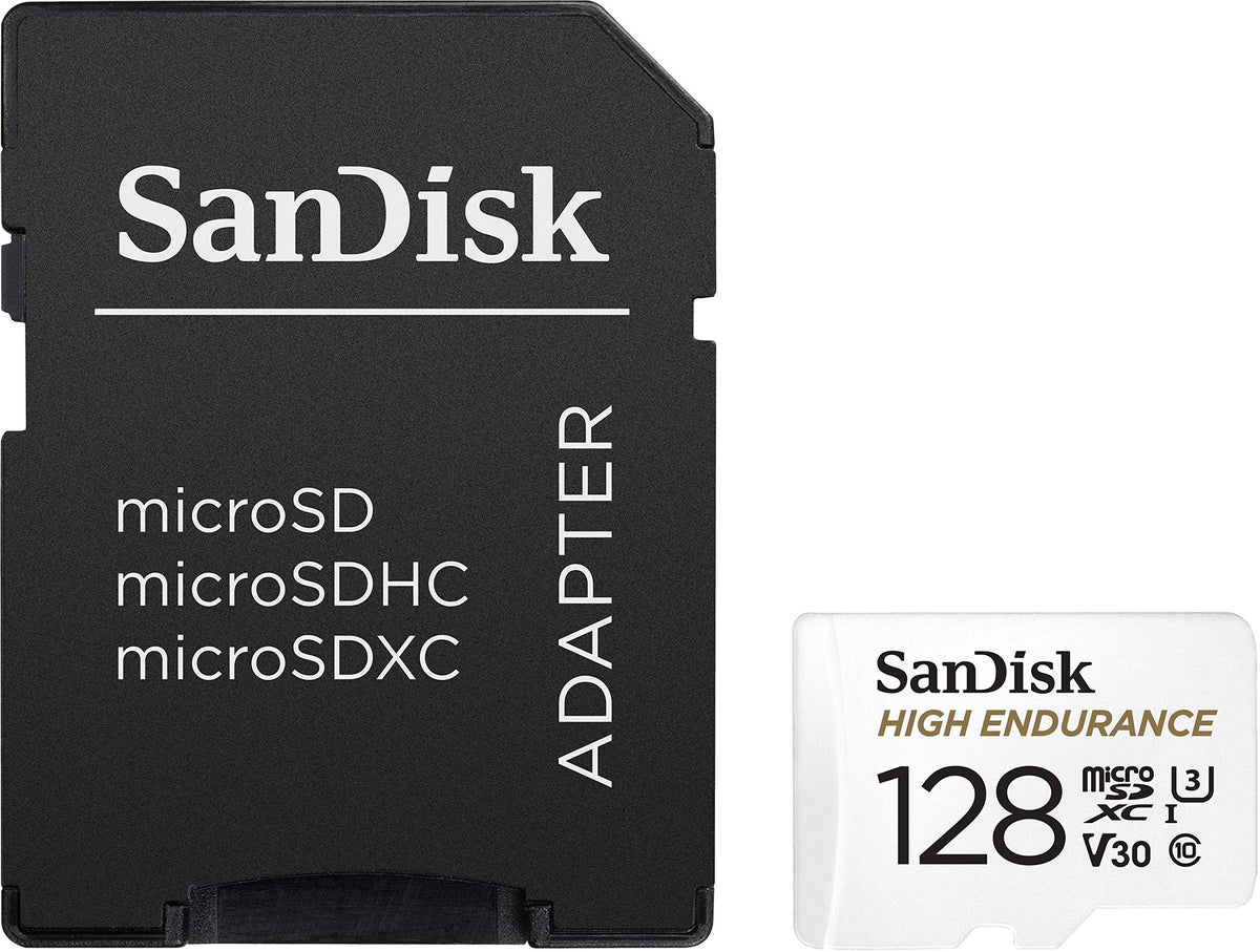 SanDisk 128GB High Endurance microSDXC card for IP cams & dash cams + SD adapter up to 10,000 Hours Full HD / 4K videos up to 100 MB/s UHS-I Class 10 U3 V30