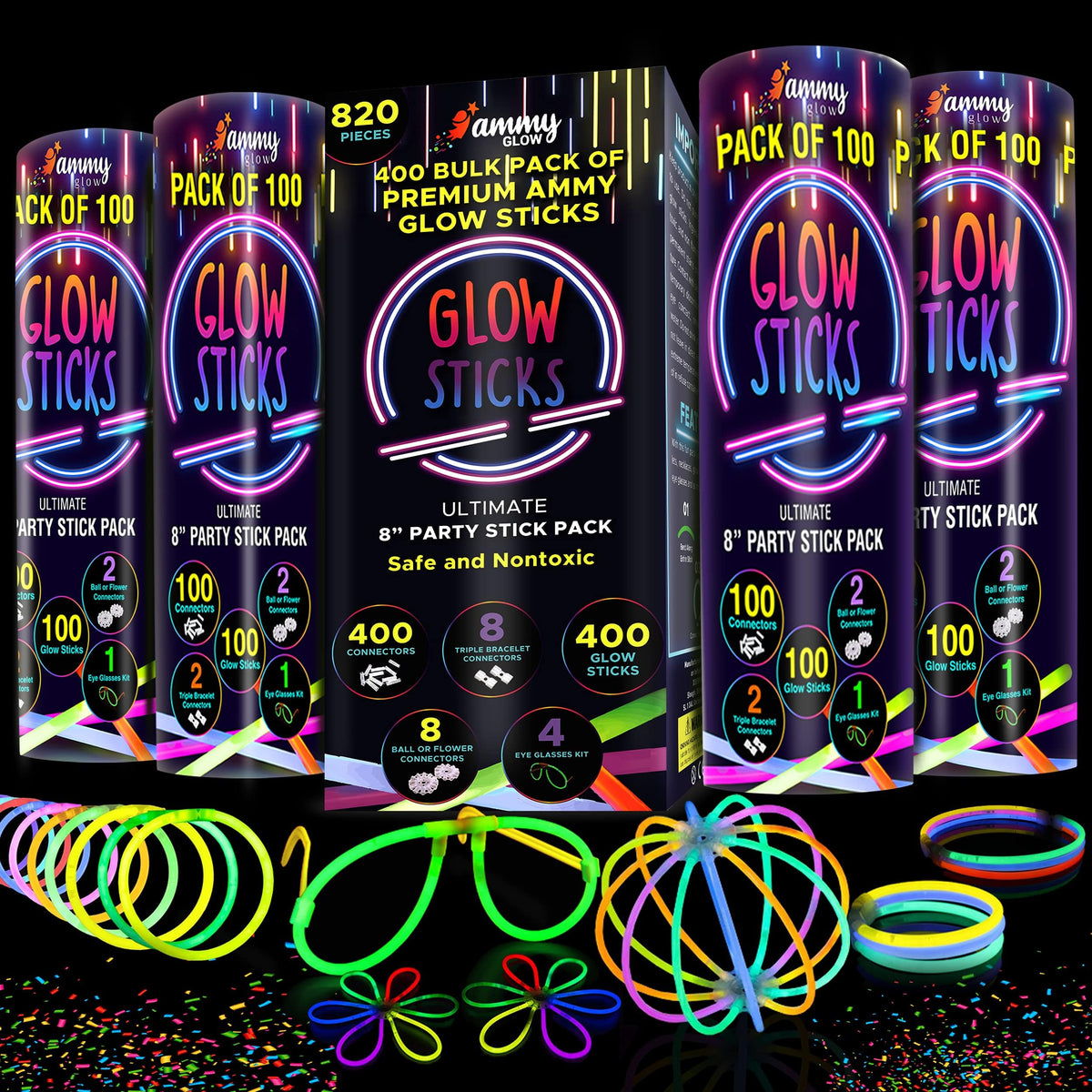 Ammy Glow Glow Sticks (205 Pcs Kit) Bulk Party Pack-100 Pack Glow Sticks with Connectors & Glasses- Party Favors for Kids 8-12- Neon Glow in The Dark Party Supplies for Birthdays & Events