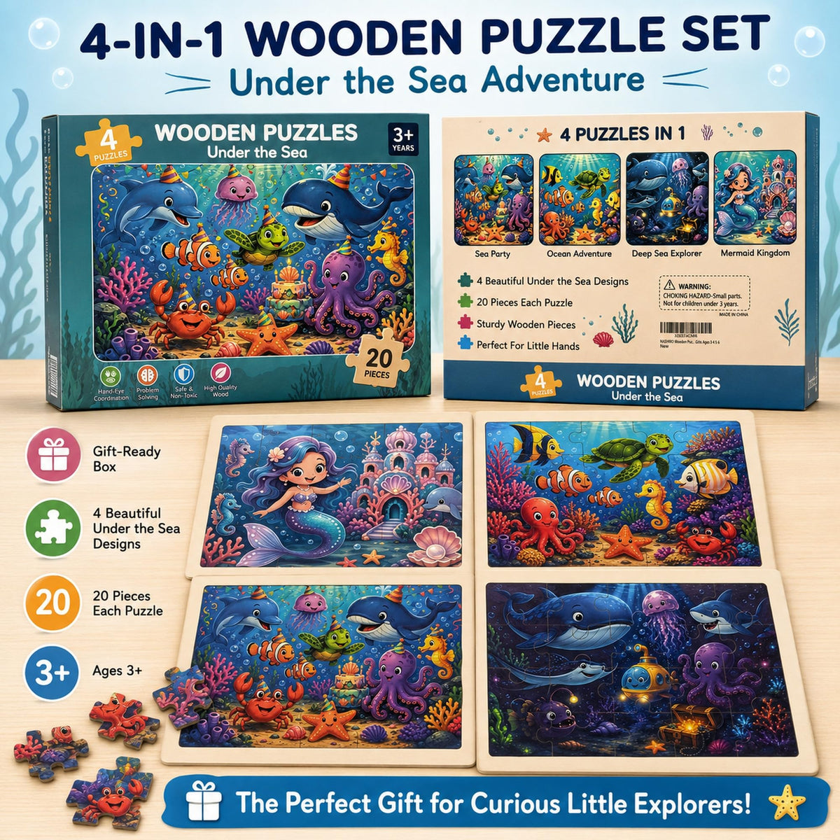 Wooden Puzzles Dinosaur Toys for Kids Ages 3-5, Set of 4 Packs with 20-Piece Wood Jigsaw Puzzles, Preschool Educational Brain Teaser Boards for Boys and Girls 3 4 5 6 Years Old