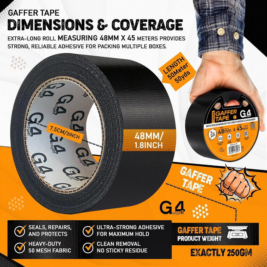 G4GADGET Gaffer Tape Black - 48mm x 45m (1 Roll) - Heavy Duty Duct Tape, Waterproof Adhesive Cloth Tape, Tear-Resistant and Multi-Purpose for Indoor Outdoor Use