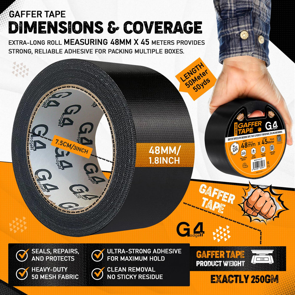 G4GADGET Gaffer Tape Black - 48mm x 45m (1 Roll) - Heavy Duty Duct Tape, Waterproof Adhesive Cloth Tape, Tear-Resistant and Multi-Purpose for Indoor Outdoor Use