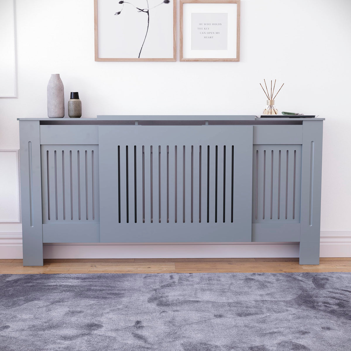 Vida Designs Chelsea Radiator Cover White - Medium - Modern Vertical Slat Design For Optimal Heat Circulation - H82xW111xD19cm - Painted MDF Cabinet Ideal For Living Room & Hallway