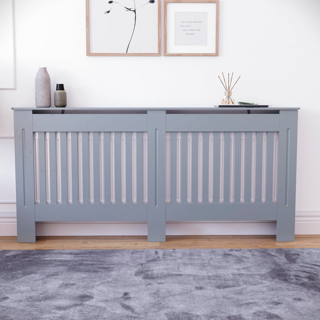 Vida Designs Chelsea Radiator Cover White - Medium - Modern Vertical Slat Design For Optimal Heat Circulation - H82xW111xD19cm - Painted MDF Cabinet Ideal For Living Room & Hallway