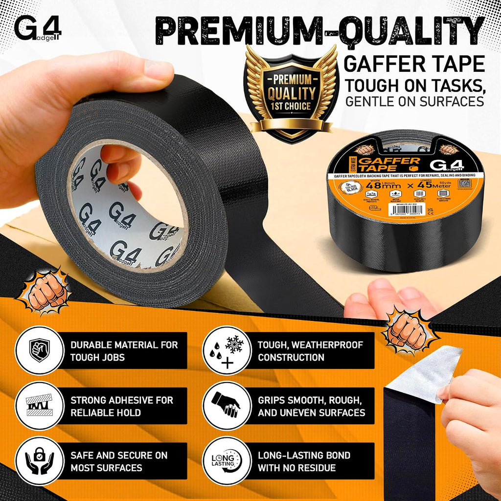 G4GADGET Gaffer Tape Black - 48mm x 45m (1 Roll) - Heavy Duty Duct Tape, Waterproof Adhesive Cloth Tape, Tear-Resistant and Multi-Purpose for Indoor Outdoor Use